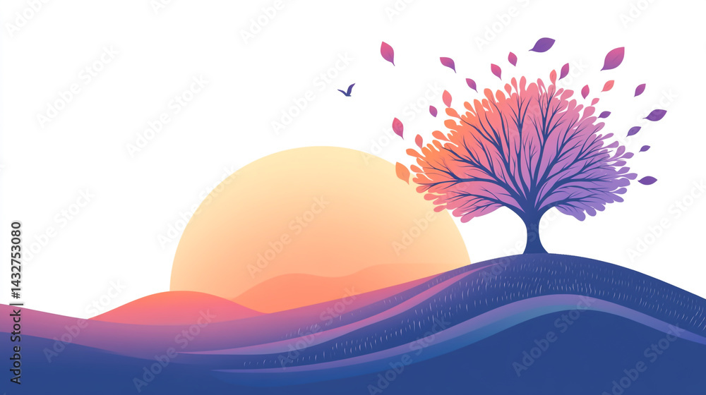 Poster abstract background with a colorful tree and sunset on a white background.