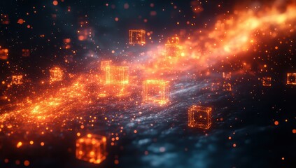 Obraz premium Fiery digital cubes abstract background.