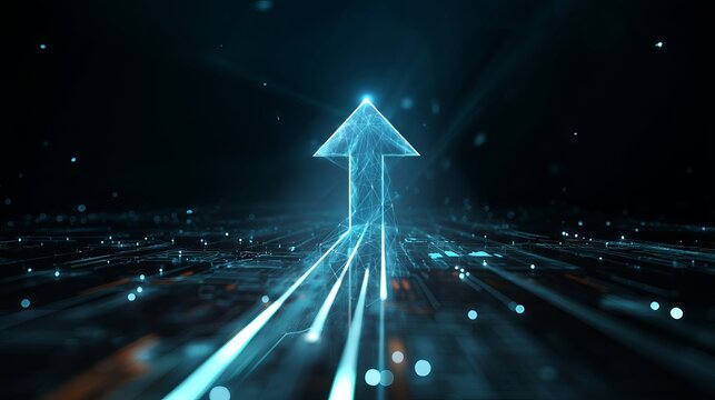 Futuristic glowing upward arrow symbolizing financial growth, technology innovation, and digital business success on dark matrix background - Powered by Adobe