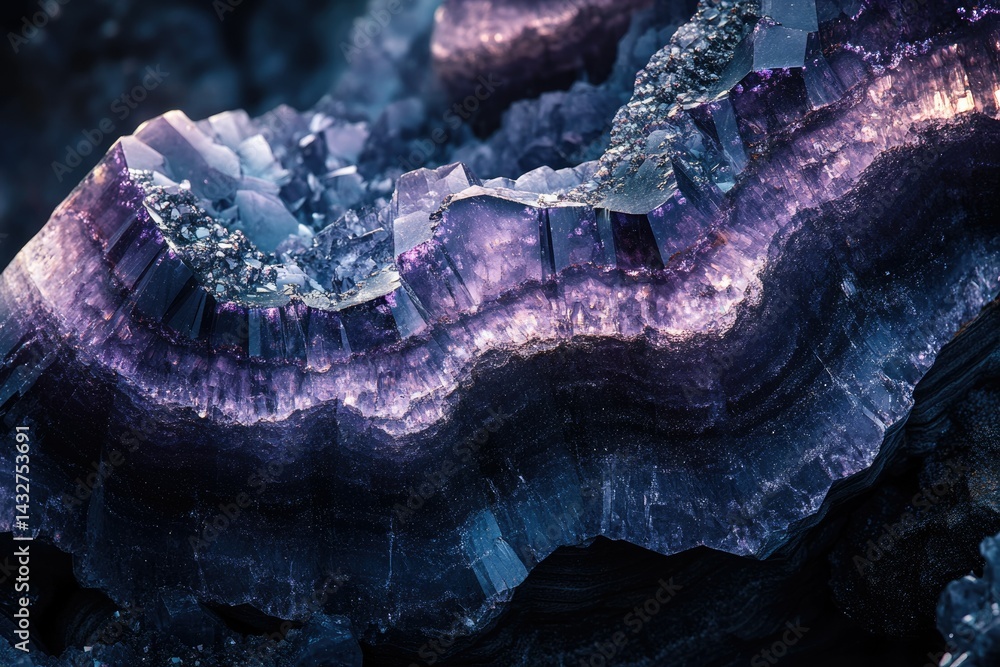 Poster A mesmerizing close-up of a violet fluorite crystal, showcasing its intricate layered structure and vibrant hues.