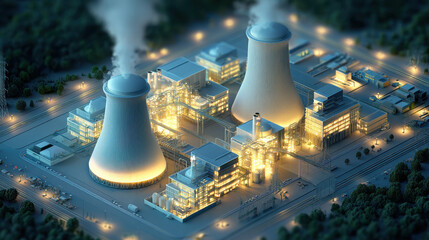 Modern Nuclear Power Plant at Night
