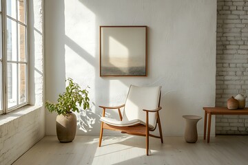 mid-century wood chair in tranquil interior with modern art and natural materials