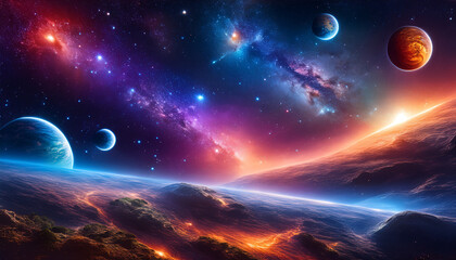 Obraz premium Deep space filled with colorful galaxies and glowing planets
