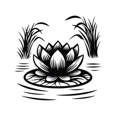 Black Silhouette Lotus Flower, Lily Pad, and Reeds Isolated on White Background