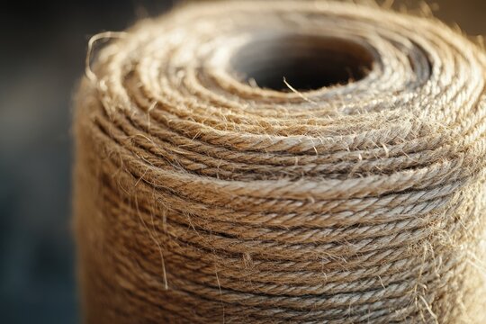 Close-up of a tightly wound roll of natural jute twine, showcasing its texture and rustic appeal.