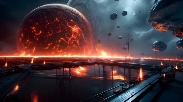 Futuristic sci-fi space station orbiting a distant planet surrounded by stars and nebulae