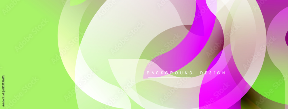 Poster abstract shapes overlap, creating vibrant gradients. green, purple, white hues dominate composition.