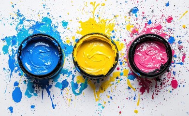 Bright Primary Colors in Paint Jars with Splashes on White Surface