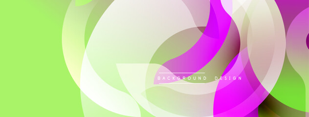 Abstract shapes overlap, creating vibrant gradients. Green, purple, white hues dominate composition. Modern design element.