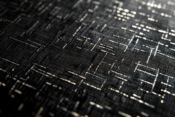 Close-up of a black fabric with a subtle, interwoven silver thread pattern.