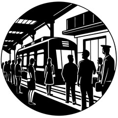 Silhouette of a train station with passengers waiting on the platform