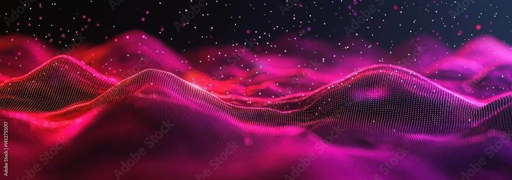 Poster vibrant abstract digital landscape with colorful wave patterns and particles
