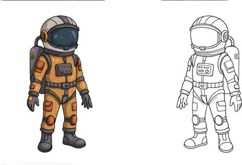Obraz premium Astronaut Illustration: A detailed illustration of an astronaut, ready for a mission, captured in both colored and line art forms, evoking the spirit of space exploration and adventure.
