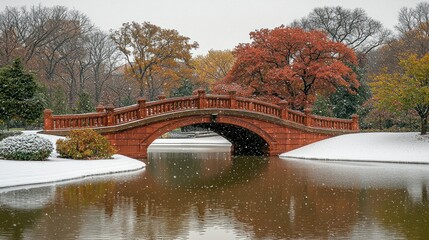 Snowy Autumn Bridge Over Calm Lake
