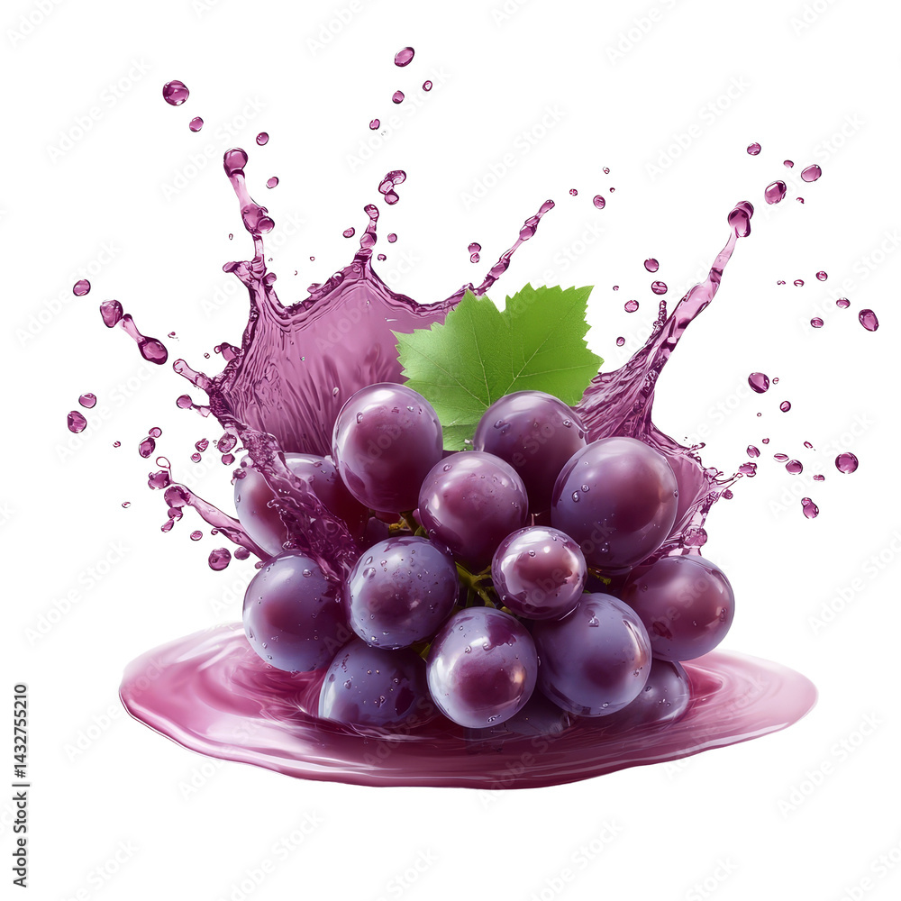 Poster fresh grape juice splashes dramatically from dark purple grapes on a clean transparent background, f