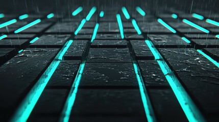 Neon Light Rain on Dark Patterned Pavement with Reflection Effects