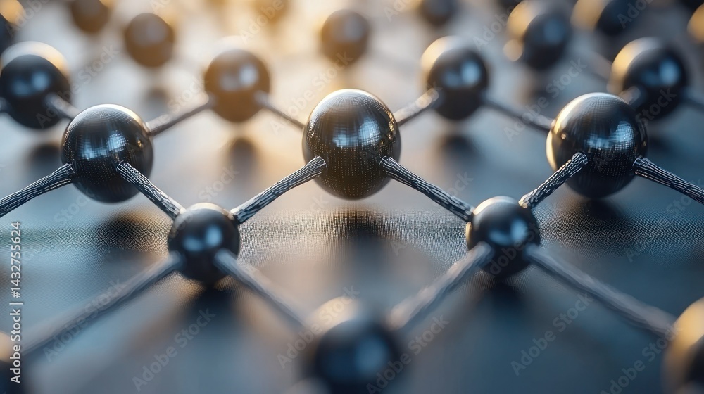 Poster microscopic network: a 3d render of interconnected spheres representing molecular structure or nanot