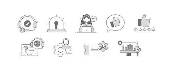 Support Status and Ratings. Five-Star Rating Review, Thumbs Up Feedback, Live Chat Agent, Verified Customer Support, Technical Support Male, Support Ticket Man