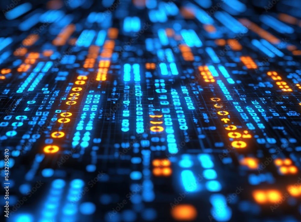 Poster abstract digital data flow with blue and orange light patterns