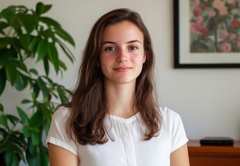 Obraz premium Portrait Of A Young Woman Smiling In A White Shirt Against A Neutral Background