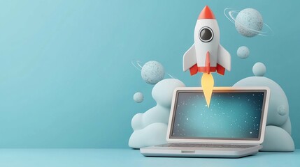 Laptop with rocket launching from screen, symbolizing startup success and digital innovation. Pastel blue background with abstract shapes.