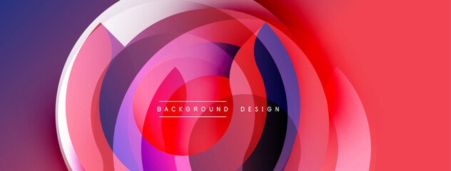 Abstract circles, vibrant colors blend. Modern design, smooth gradients create dynamic visual effect. Red dominates, purple accents present.
