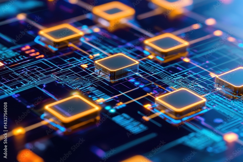 Poster close-up view of high-tech circuit board with glowing microchips