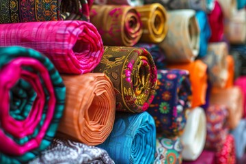 A closeup shot of colorful fabric rolls displayed in a market stall