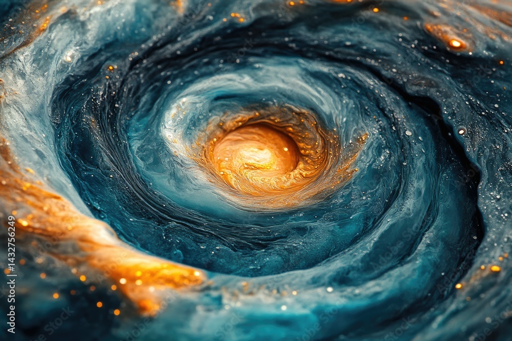 Poster abstract swirling vortex of teal and gold, resembling a cosmic nebula or galaxy.