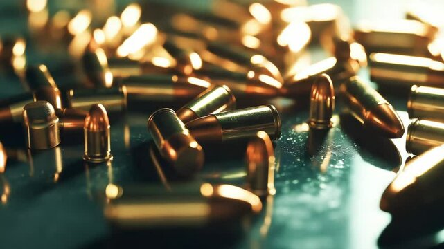 Close up of the handgun bullets scattered on the table	