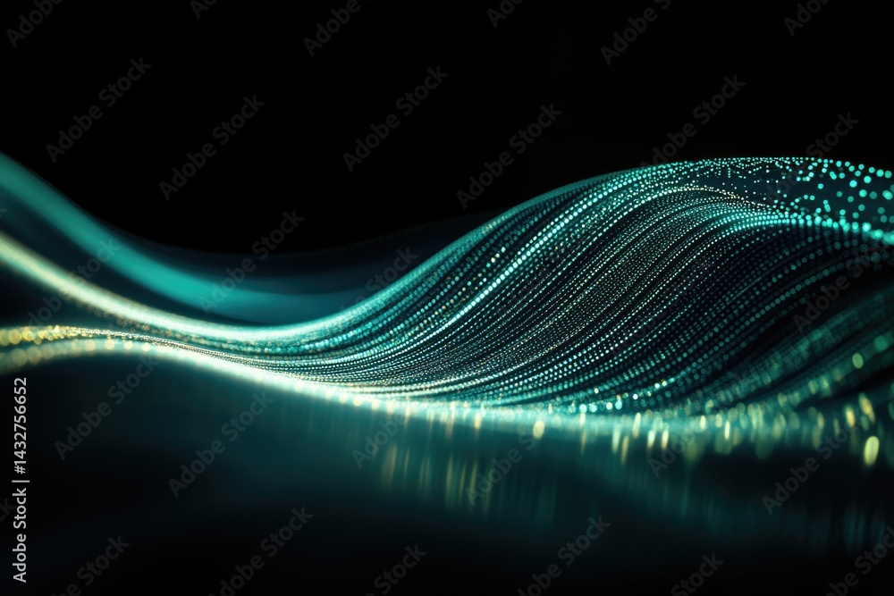 Poster abstract teal wave of particles flowing in dark background. digital art, technology, and futuristic 