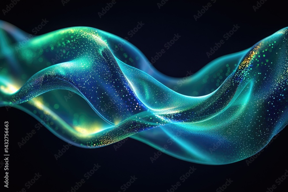 Aufkleber abstract teal and gold wave with glittering particles, a dynamic digital art piece.