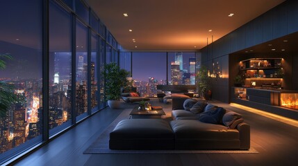 A modern apartment interior with dark furniture and a cityscape view at night. Ideal to show luxury living, wealth, or urban architecture at its finest.