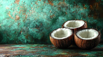 Three Halved Coconuts on a Rustic Teal Background