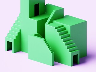 A solid green architectural form composed of interlocking blocky stairs and entryways, displayed in...
