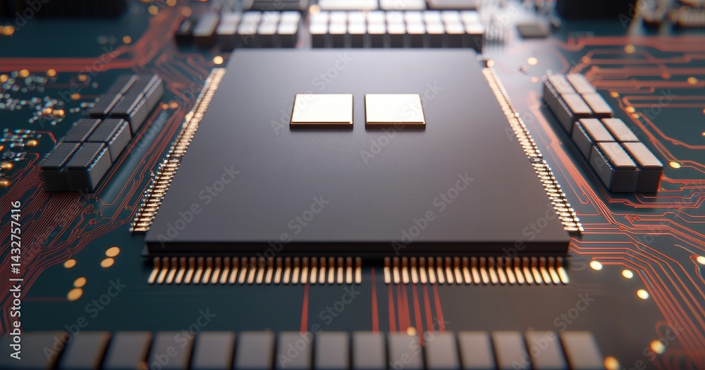 Poster close-up view of microchip on circuit board with electrical connectors