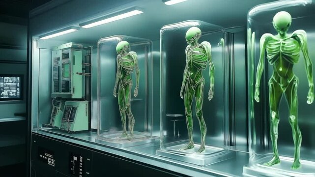 A futuristic alien lab with humanoid figures in glass containers	
