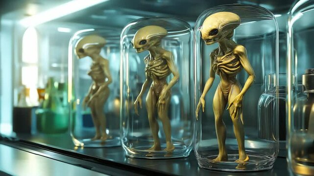 A futuristic alien lab with humanoid figures in glass containers	