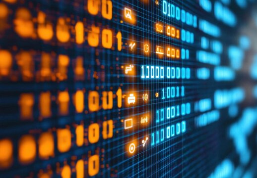 Digital Data Streams with Binary Code and Icons Representing Information