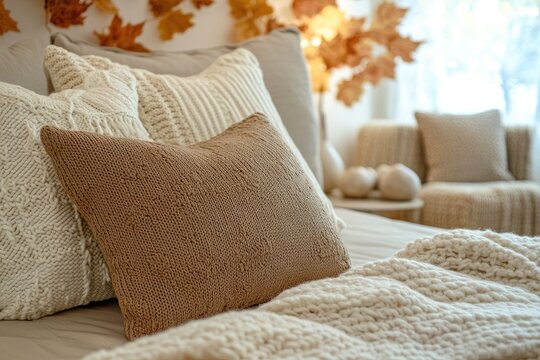 Knitted throw pillows and blankets in a cozy bedroom.