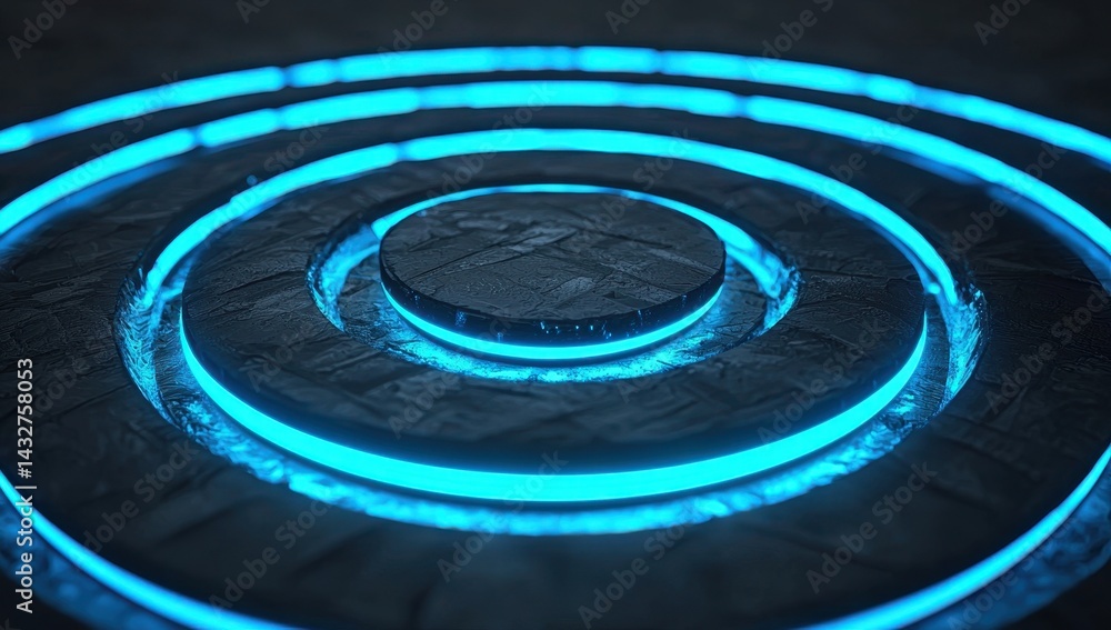 Poster glowing circular patterns with blue neon lights on dark surface