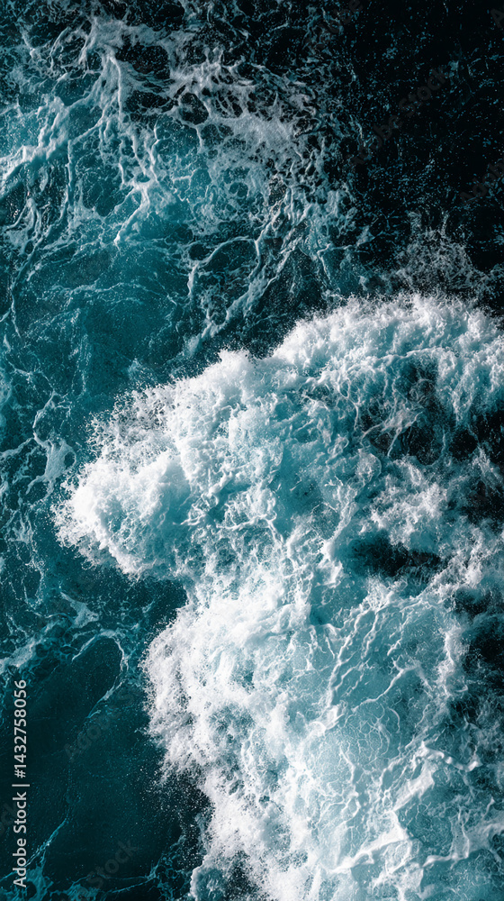 Poster aerial view of ocean waves, white foam contrasting deep teal water, showcasing dynamic texture and n