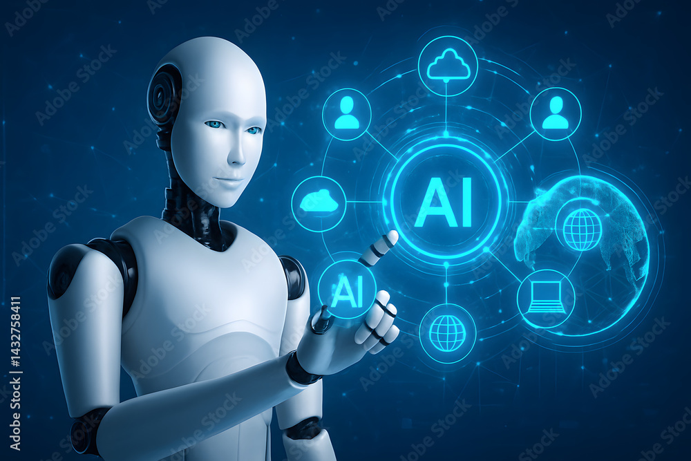 Poster futuristic ai interaction: a sleek, humanoid robot interacts with an advanced artificial intelligenc