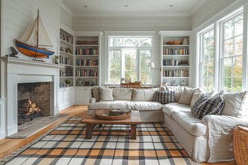 Living room with fireplace, built-in bookshelves, and dining table, decorated in classic New England style with wooden accents, plaid rug, and a colorful fishing boat on the shelf.