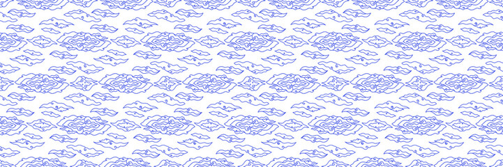 U Seamless pattern of stylized blue cloud motifs with intricate linework on a light gray background. Repeating and decorative celestial design.