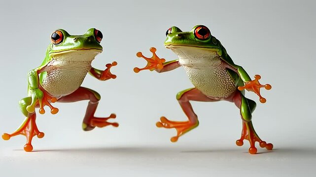 Two Colorful Frogs in Playful Pose on White Background