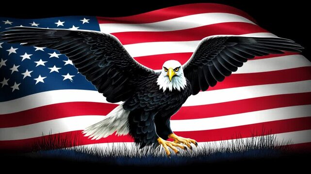 Majestic Bald Eagle in Front of American Flag Symbolizing Freedom and Patriotism