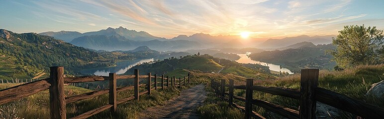 Obraz premium Serene sunrise over idyllic mountain valley, wooden fence leads to breathtaking vista. Perfect for travel brochures or nature documentaries.