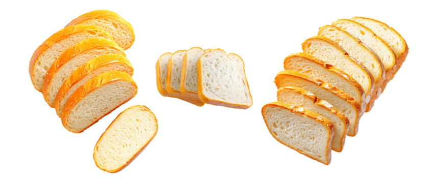 Set of loaf of wheat bread showing its golden crust and soft interior, isolated on white transparent background.