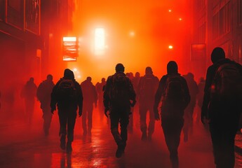 Silhouetted People Walking In A Foggy City Street At Night